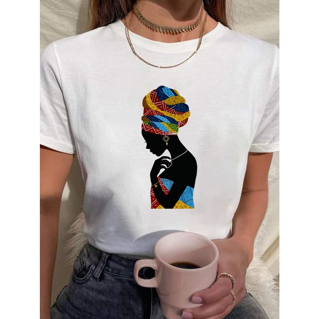 Camiseta Feminina Babylook t shirt negra turbante mulher africana 100% Algodão