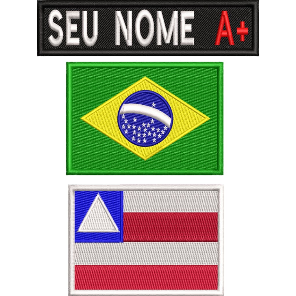 3 Bordados Tarjeta C/ Nome Bandeira do Brasil e Bahia 7cmx5cm - P/ Jaqueta Jeans _ P/ Costurar Motociclista Moto Airsoft