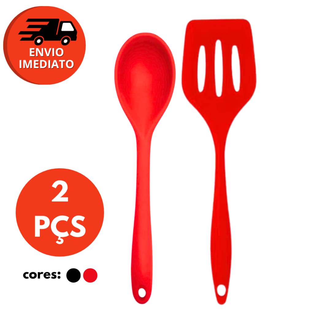 Kit Colher Arroz E Espátula Vazada Em Silicone Maciço Multiuso Para Panelas Teflon Ceramico