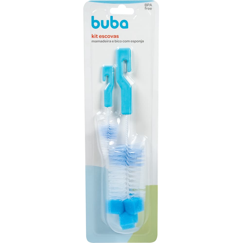 Kit Escovas de Limpeza BUBA para Mamadeira e Bico com Esponja - Azul