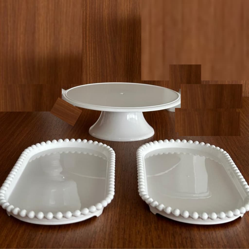 kit 1 boleira 20 cm 2  travessa oval com borda de bolinhas 24x12 cm para festa casamento e decoração