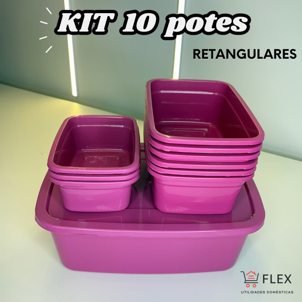 Kit 10 Potes Plásticos Retangulares 3 tamanhos P, M e G - Marmita, Tapoer - Organizador Multiuso