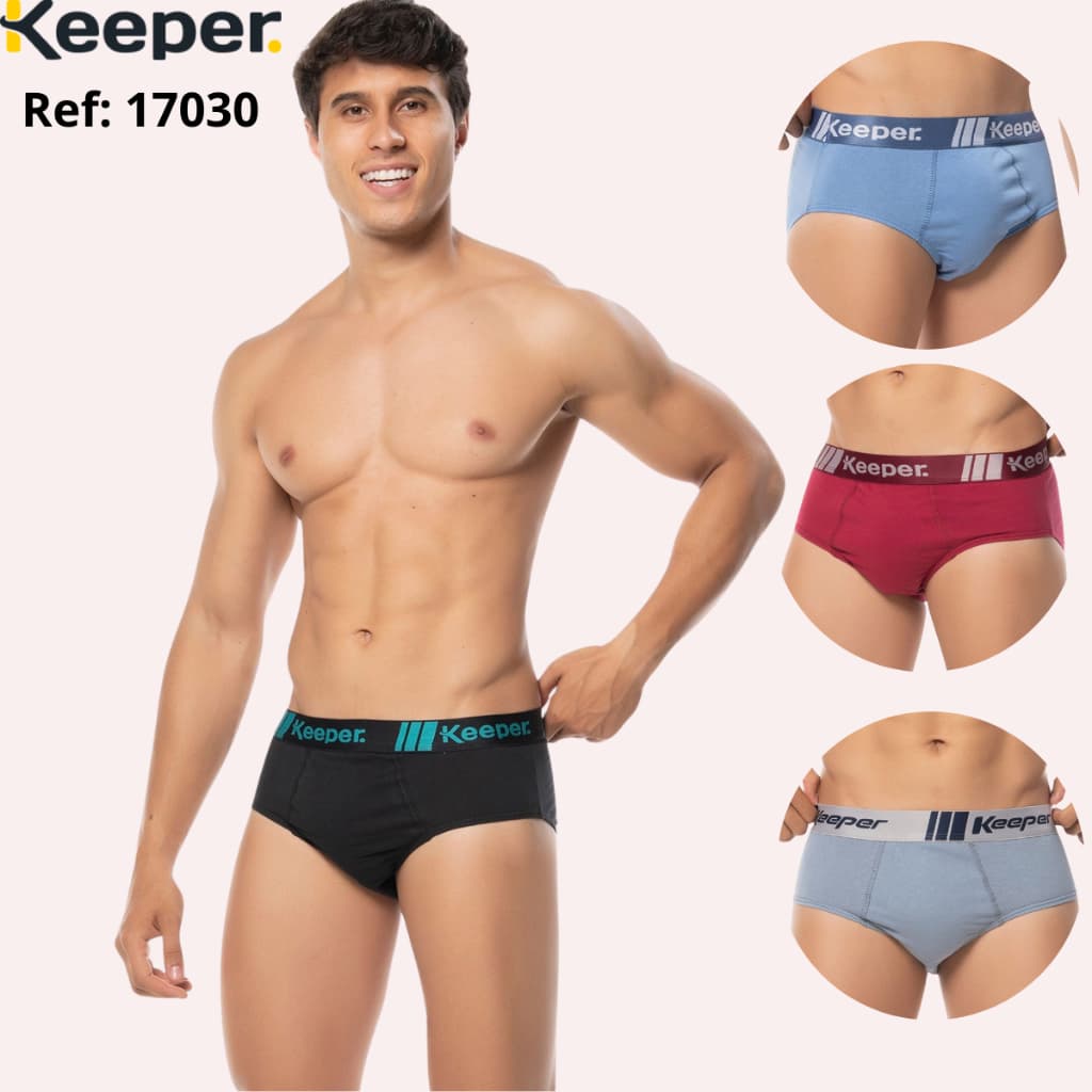 Kit com 3 Cueca Slip Algodão Elástico Aparente Keeper