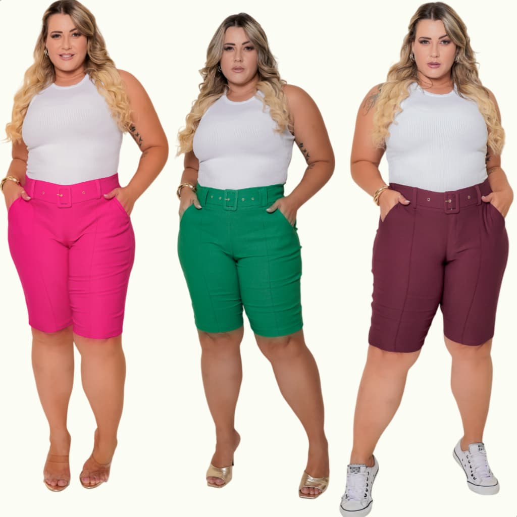 Kit 3 Bermudas Feminina Meia Coxa Plus Size Cintura Alta C/ Cinto E Bolso Funcional Reduz Pochete