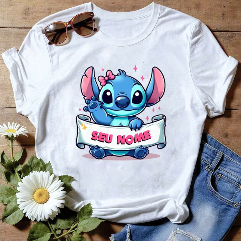 Camisa Camiseta Lilo Sticth Com Seu Nome Adulto E Infantil