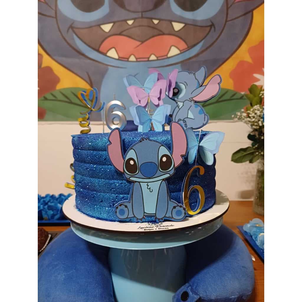 Topo de Bolo Stitch Borboletas Personalizado | Decoração Festa Infantil