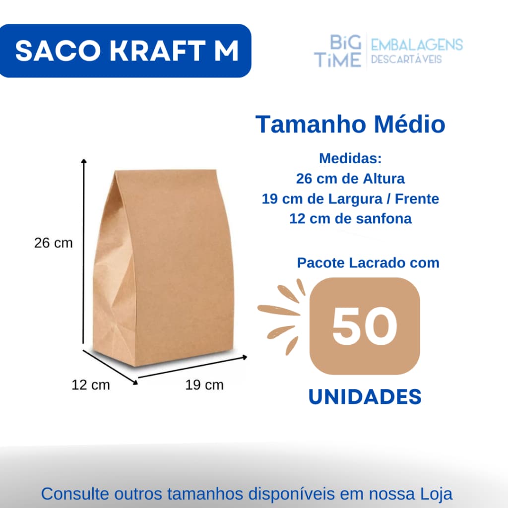 Saco Kraft Liso para Delivery Tam Médio 19X12X26cm | Com 50 unidades