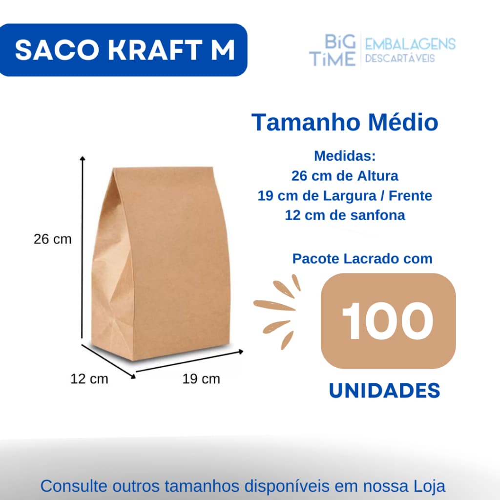 Saco Kraft Liso para Delivery Tam Médio 19X12X26cm | Com 100 unidades
