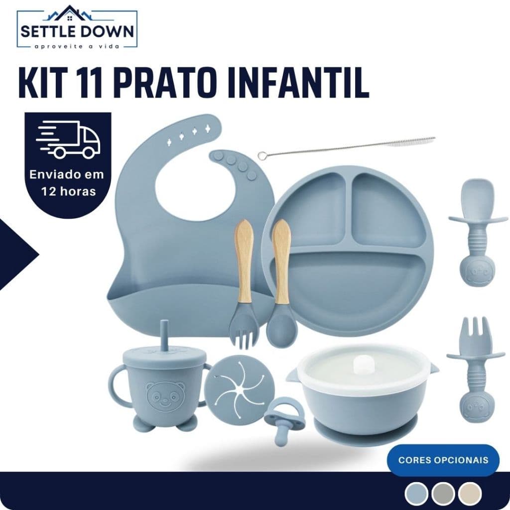 Kit 11 prato infantil Colher de silicone Babador silicone Ventosa de silicone Talher infantil