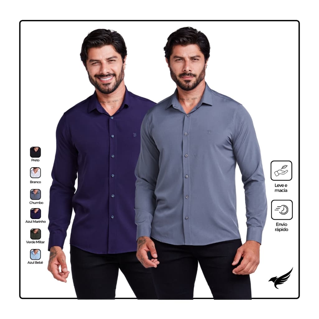 2 Camisas Social Slim Masculina Manga Longa