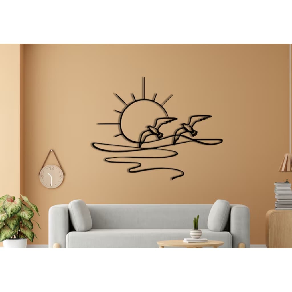 Quadro Pôr do Sol Brilhante 2 Gaivotas Decoração MDF Preto Fosco