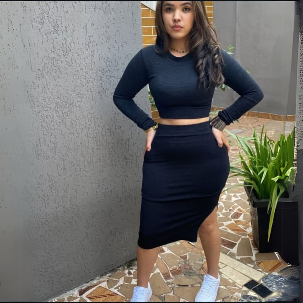 Conjunto Feminino Saia Midi com Fenda Lateral e Cropped Manga Longa Elegante Casual Confortável