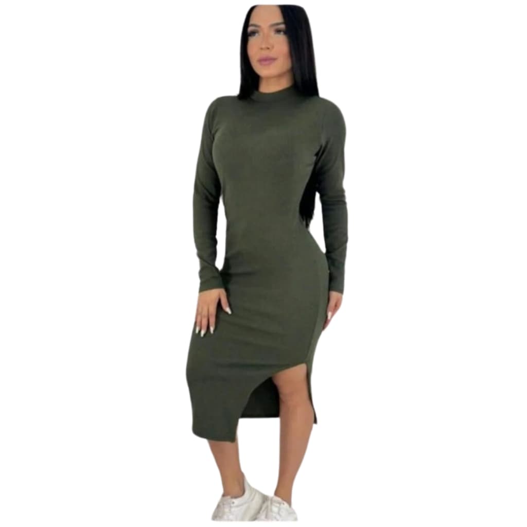 Vestido Feminino Manga Longa Mídi com Fenda Lateral Tecido Ana Ruga Canelado Elegância Conforto Casual e Sofisticado