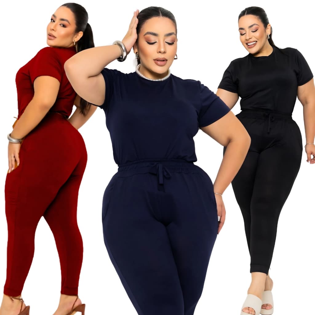 Conjunto Feminino Plus Size Suede Light Calça Skinny e Blusa Manga Curta
