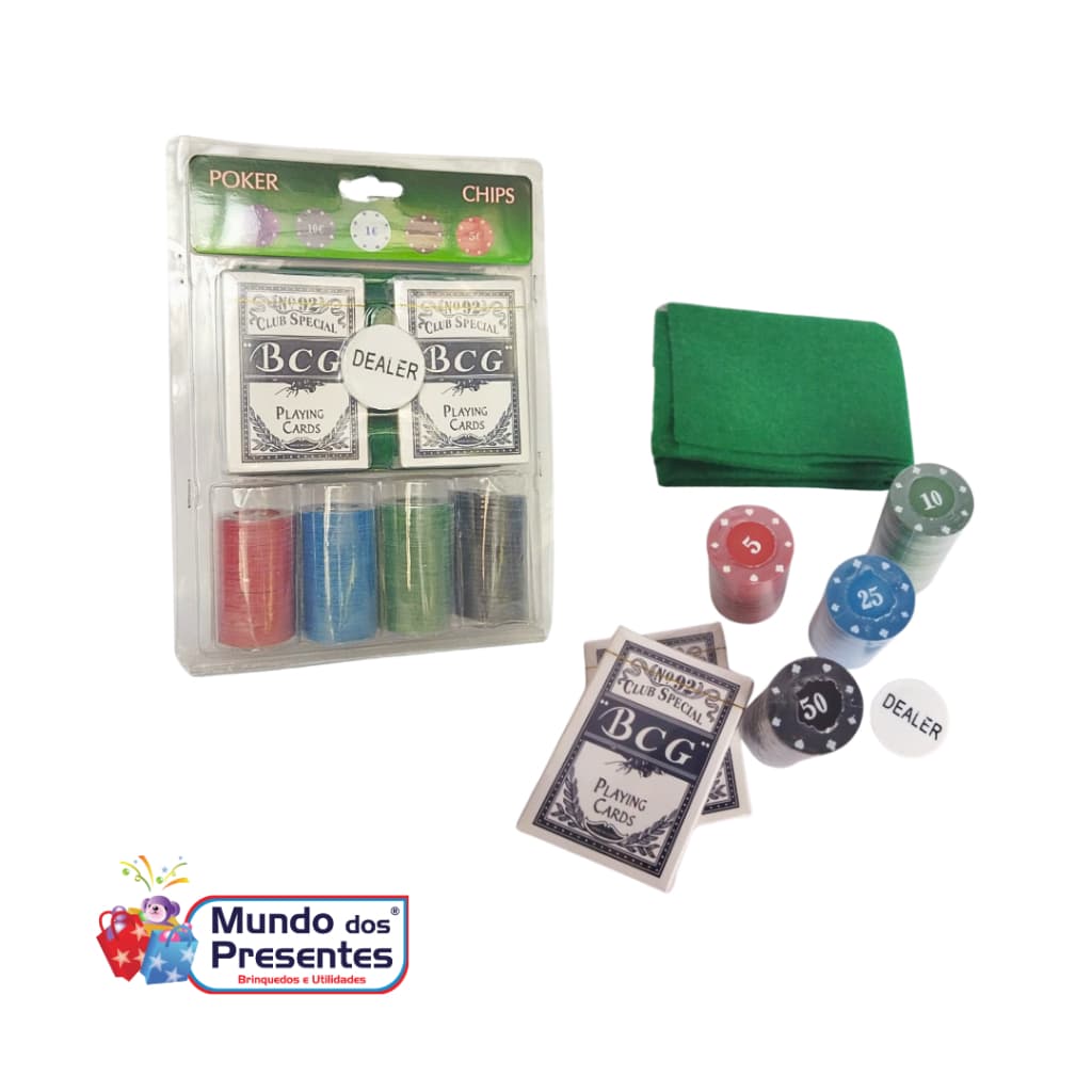🃏 Kit Poker Completo – 100 Fichas, 2 Baralhos, Toalha de Mesa e Manual de Regras Básicas 🏆 - IM42056