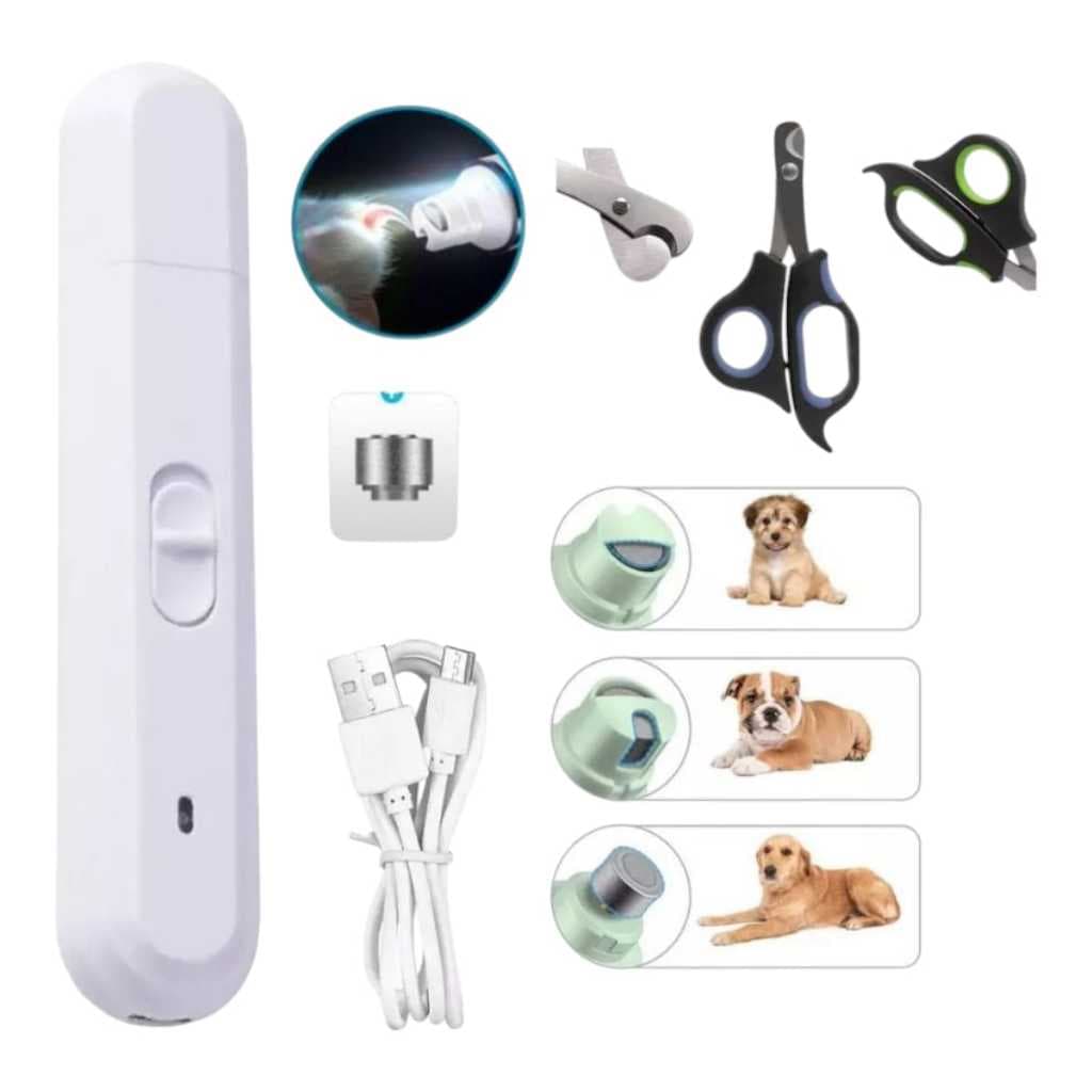 Lixador Polidor Aparador Unhas Elétrico Recarregável Usb + Tesoura Pet Cães Gato