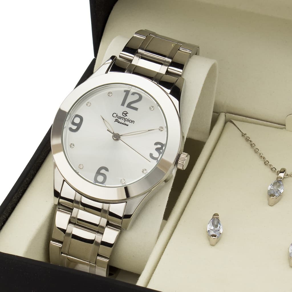 Relogio Feminino Champion Prata com Colar e Brincos Original CH24268B