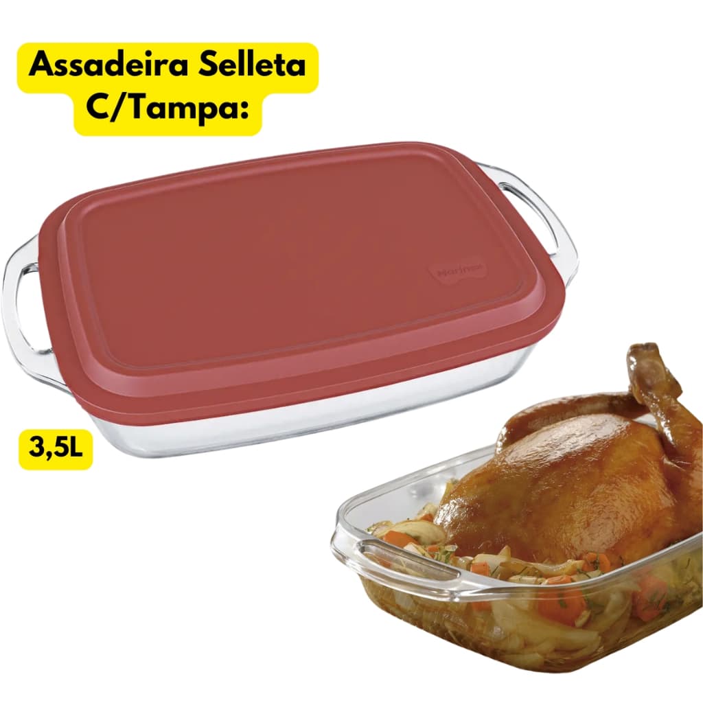 Assadeira Lasanheira Marinex C/ Tampa Selleta 3,5L Com Alça Vidro Travessa Refratário Refeição