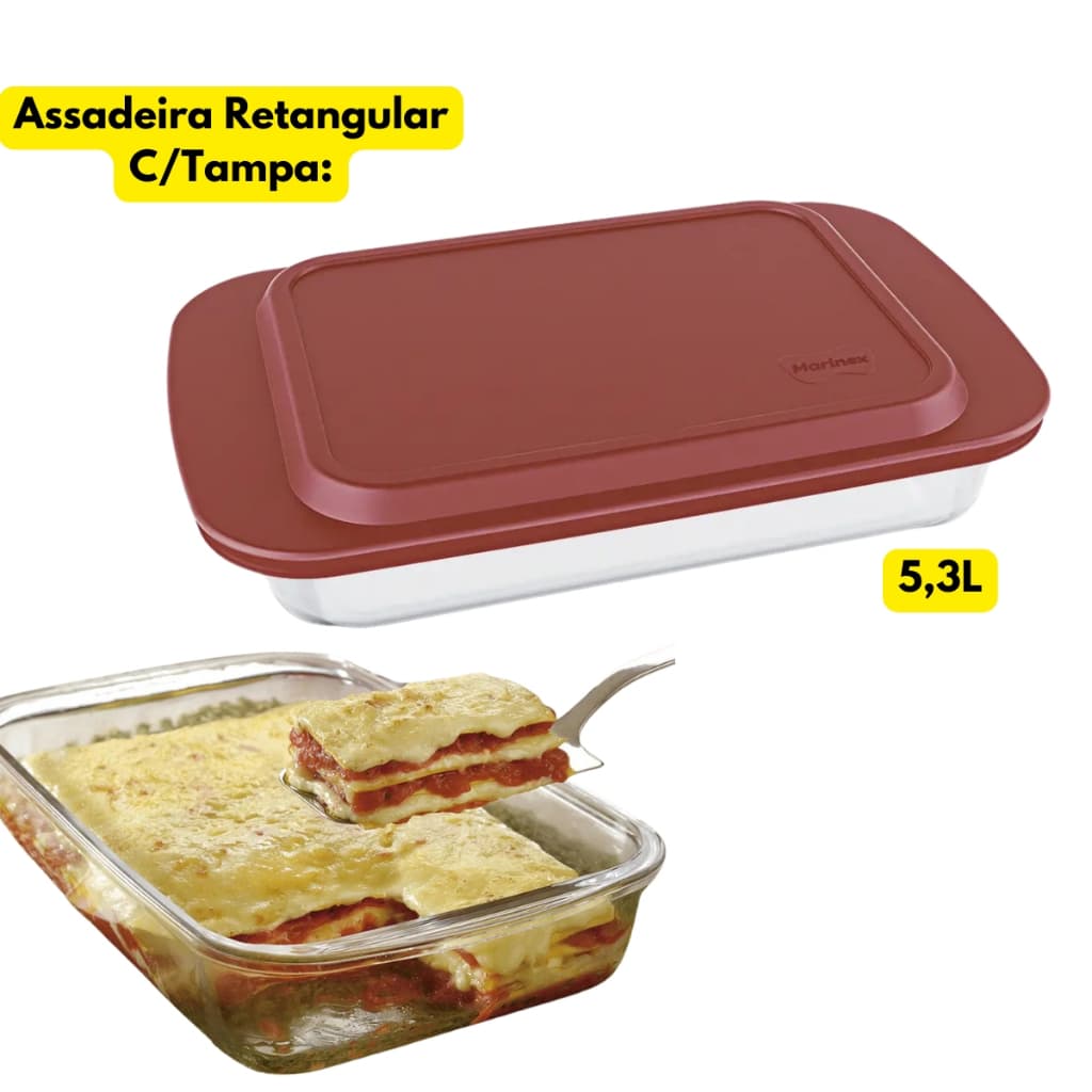 Assadeira Lasanheira Marinex Retangular C/ Tampa 5,3L Vidro Grande Armazenar Travessa Refratário