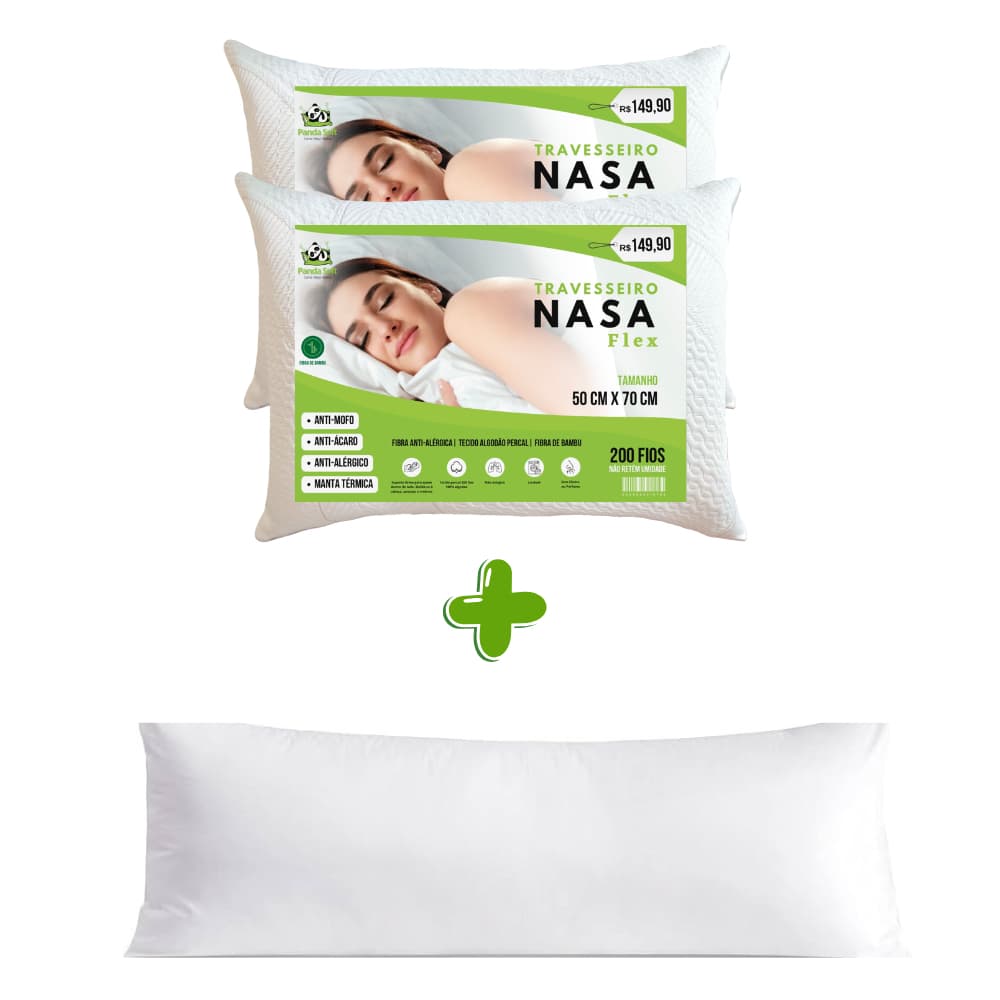 02 Travesseiro Nasa Flex + 01 Travesseiro de Corpo 1.30x0.30cm
