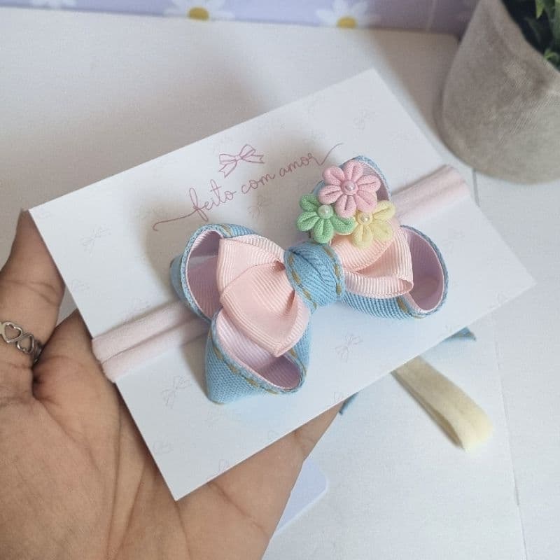 Laço de cabelo infantil Coleção jeans com flores faixinha