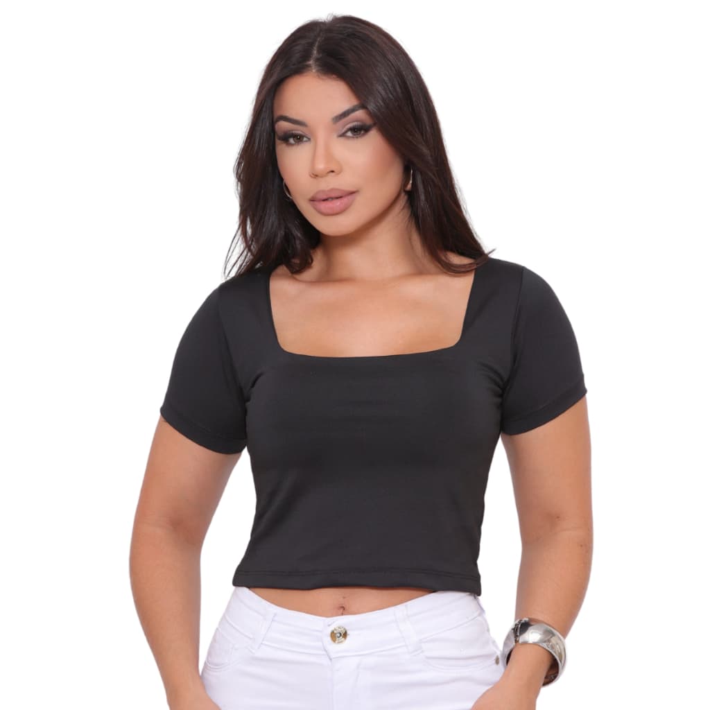 Cropped Blusa Suplex Básico Manga Curta Forrada Decote Quadrado Forrada Cores Variadas