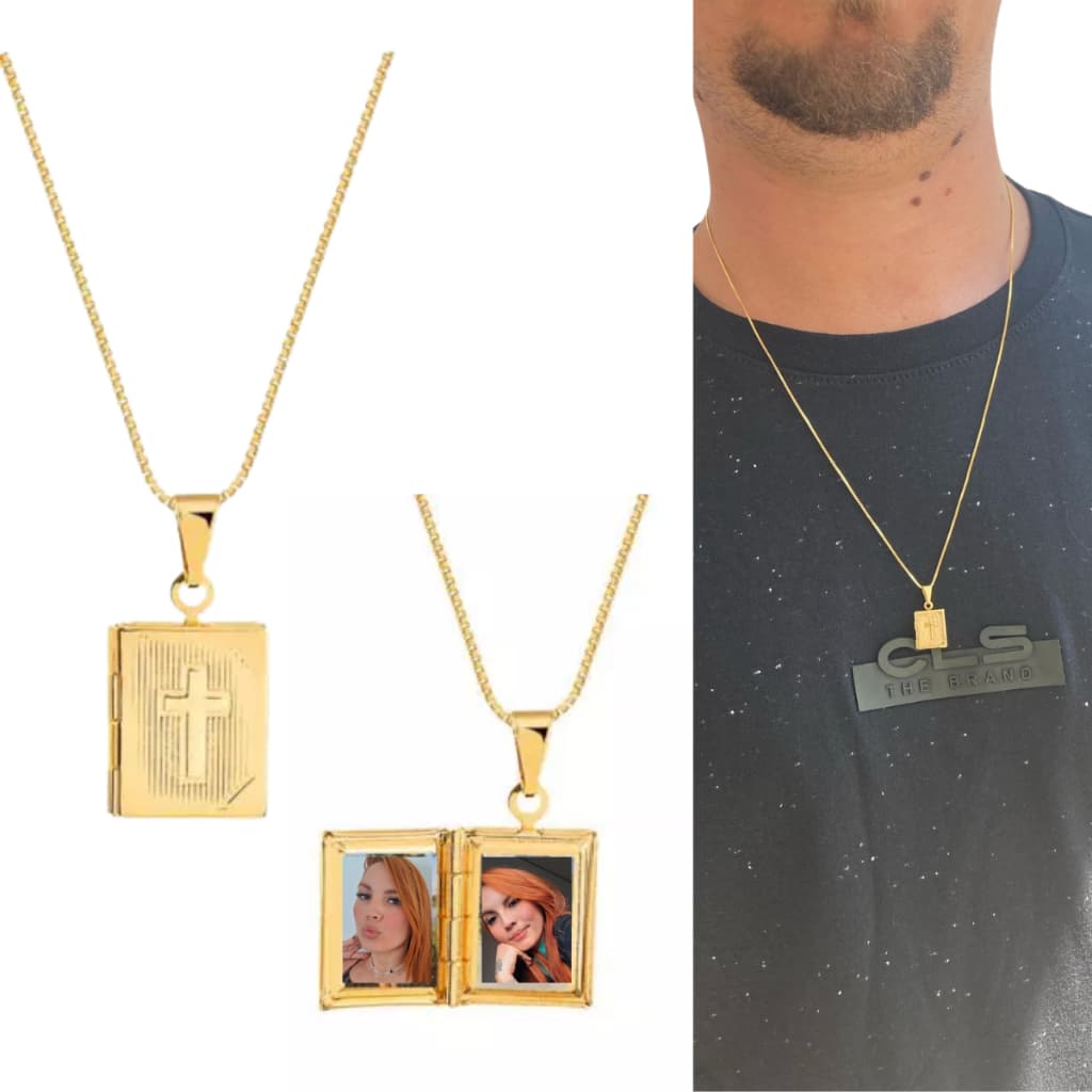 Relicário Masculino Livro Biblia + 2 Fotos + Corrente de 60cm Folheado a Ouro 18k Antialérgico
