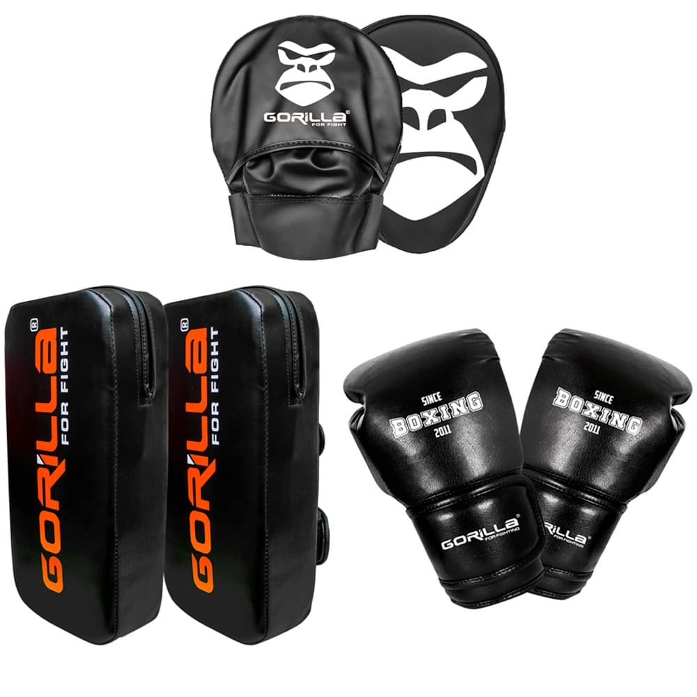 Kit Treino Muay Thai: Aparador de Chute + Manopla de Foco + Luva de Boxe 12 Oz Profissional Gorilla