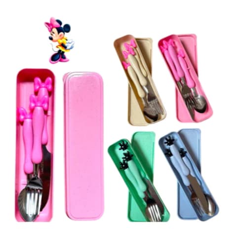 Jogo Talheres Infantil c/ Estojo Garfo Faca colher 3pc Inox Marmita Viagem minnie mickey