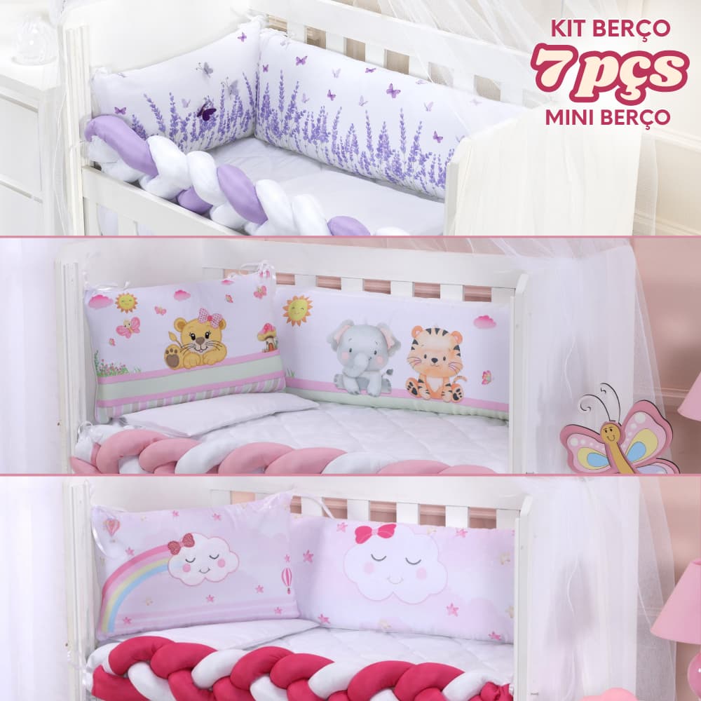 Kit Mini Berço Menina 7 peças Lavanda Lilás Safari Rosa Nuvem Pink Trança Mosquiteiro Lençol Edredom
