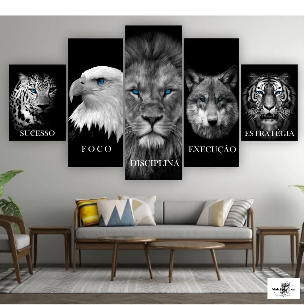 Quadros Decorativos Mosaico 5 peças Motivacional Foco Disciplina Execução Sucesso Estratégia 115x60cm