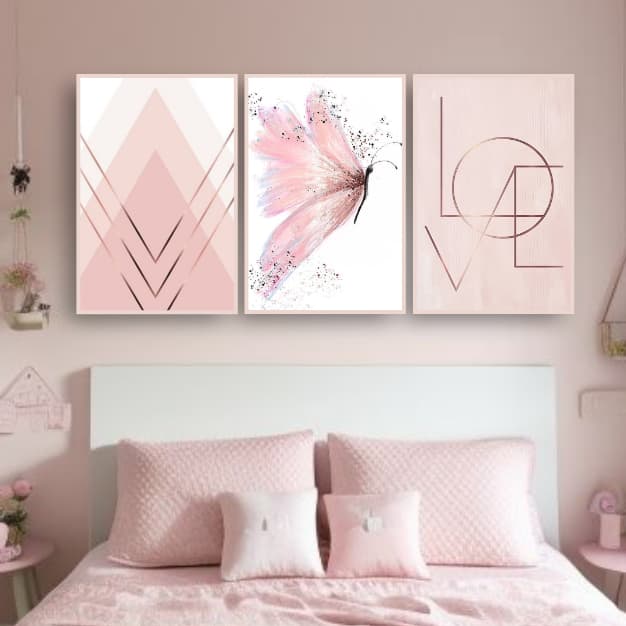 Quadros Decorativos Trio 3 Peças Rosa Borboleta Love Quarto Moderno Luxo Menina Feminino 120x60cm