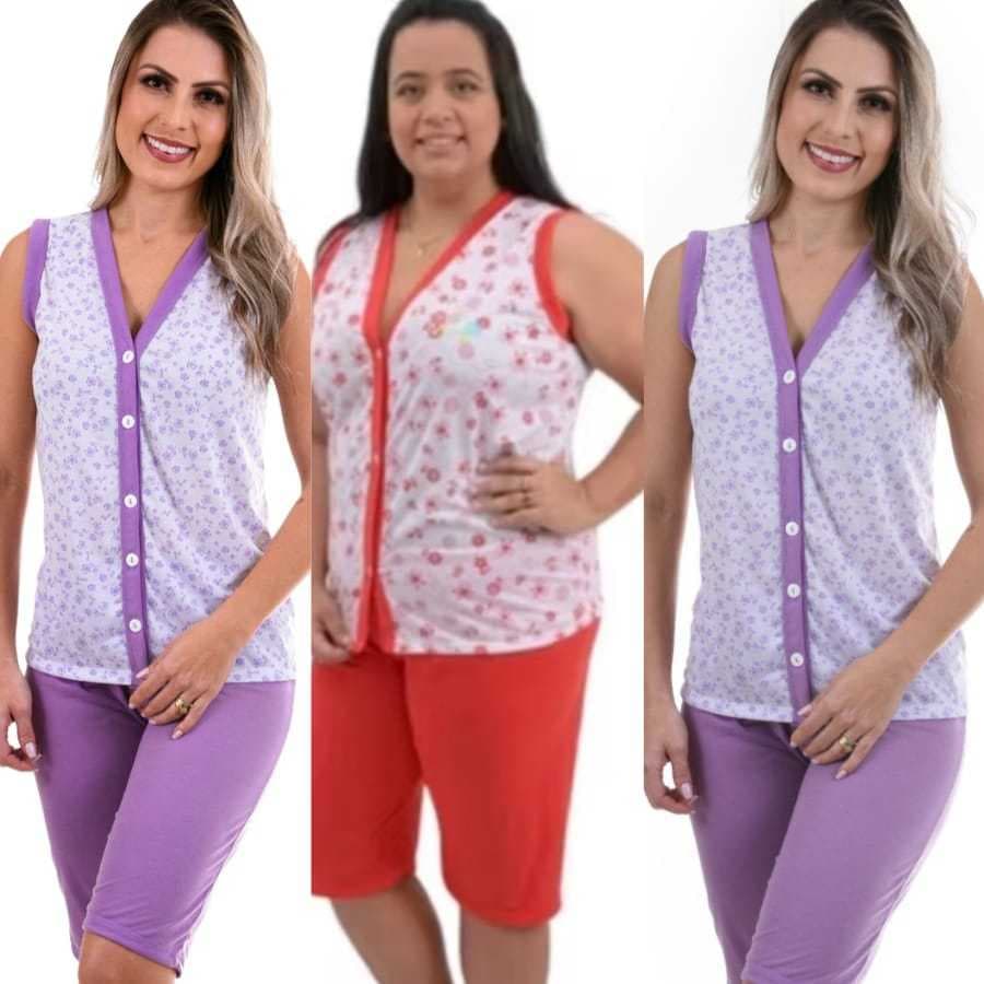 Pijama Regata pescador Aberto pós Cirúrgico Kit 3 Conjutos, Amamentação.