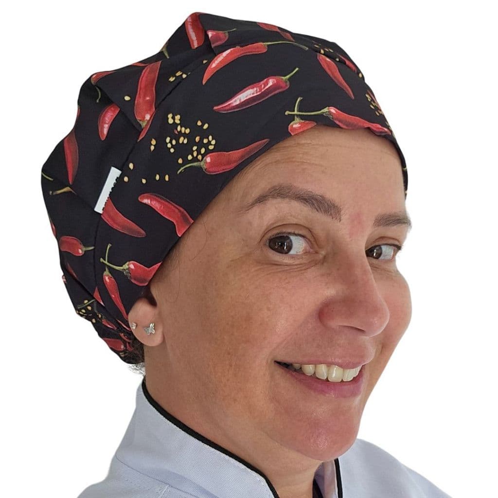 touca de cozinha feminino personalizada gorro para Gastronomia Pimenta Vermelha