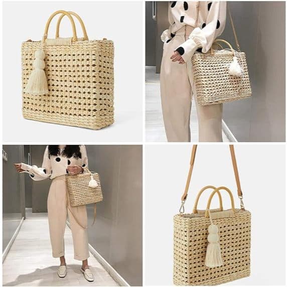 Bolsa de Ombro de Palha Moda praia feita à mão com alça superior de madeira