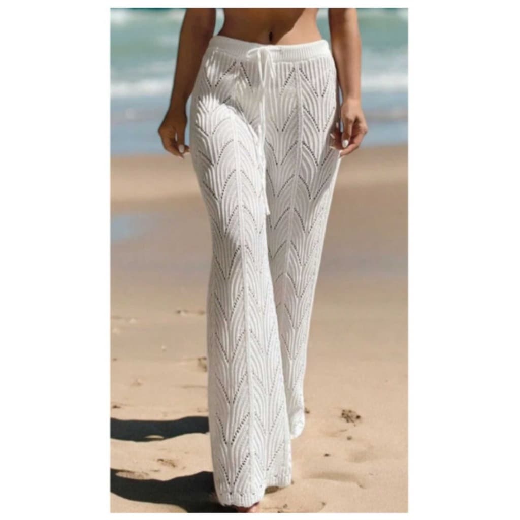 Calça feminina Saída de praia Pantalona Cintura alta Tricot Crochê