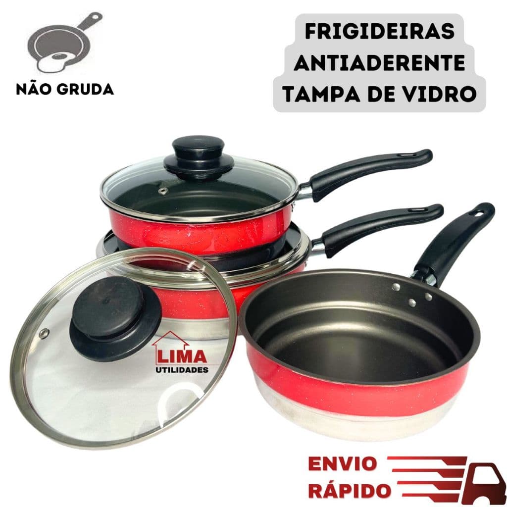 Jogo de Frigideira Antiaderente Com Tampa De Vidro Conjunto 3 Peças 18/20/22 Teflon Vermelha