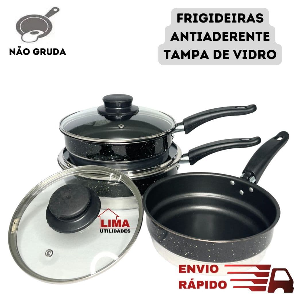 Jogo Frigideira Antiaderente Com Tampa De Vidro Forma Alta Conjunto 3 Peças N18 20 22 Teflon Preta