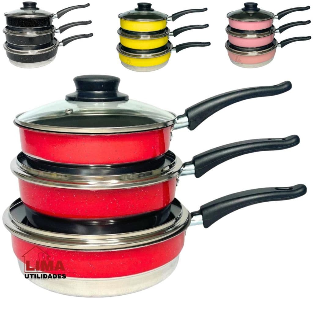 Kit Jogo Com 3 Frigideiras Alta Antiaderente Com Tampa De Vidro Conjunto 3 Pçs Frigideira Teflon