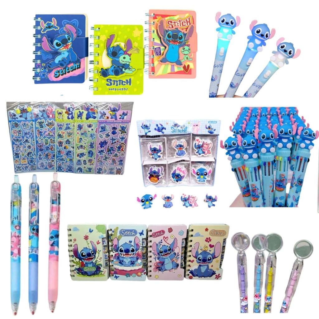 KIT 6 ITENS PAPELARIA STITCH MATERIAL ESCOLAR ADESIVO LAPIS CANETA APONTADOR