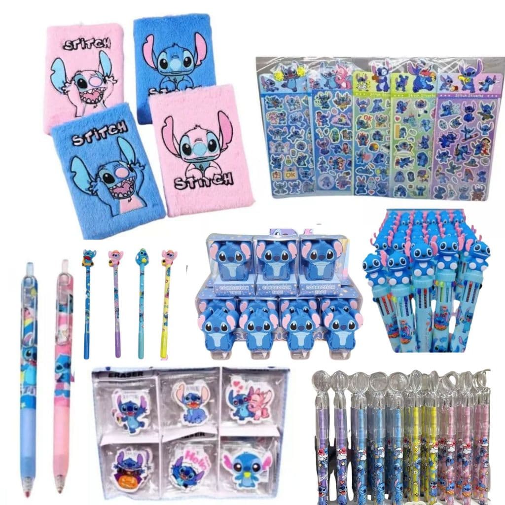 Kit 7 itens Papelaria Fofa Stitch escolar caderno apontador lapis adesivo