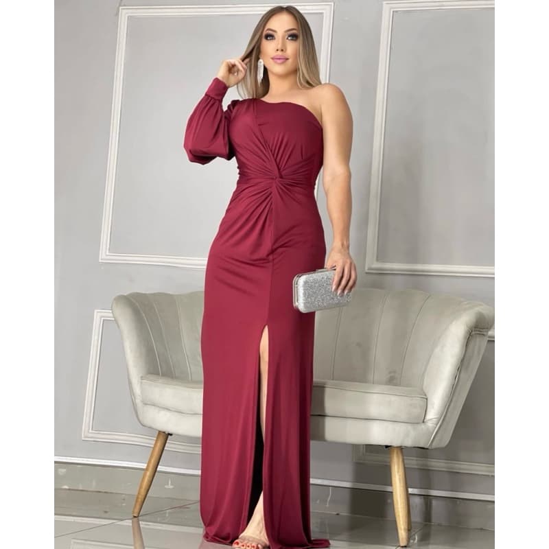 Vestido Longo Um Ombro Com Manga Aberta Fenda Luxo Moderno Casamento/ Madrinha/ Festa/ Convidada