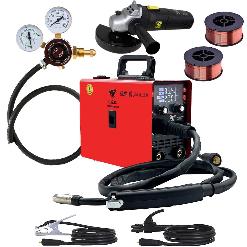 Kit Soldador E Serralheiro Mig 200 Amperes Tig Eletrodo Esmerilhadeira Angular Regulador De Gás Arames 1kg Com Gás