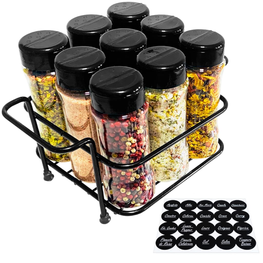 Conjunto de 9 Potes 130ml + 1 Suporte Ferro de Temperos Condimentos Bancada Cozinha