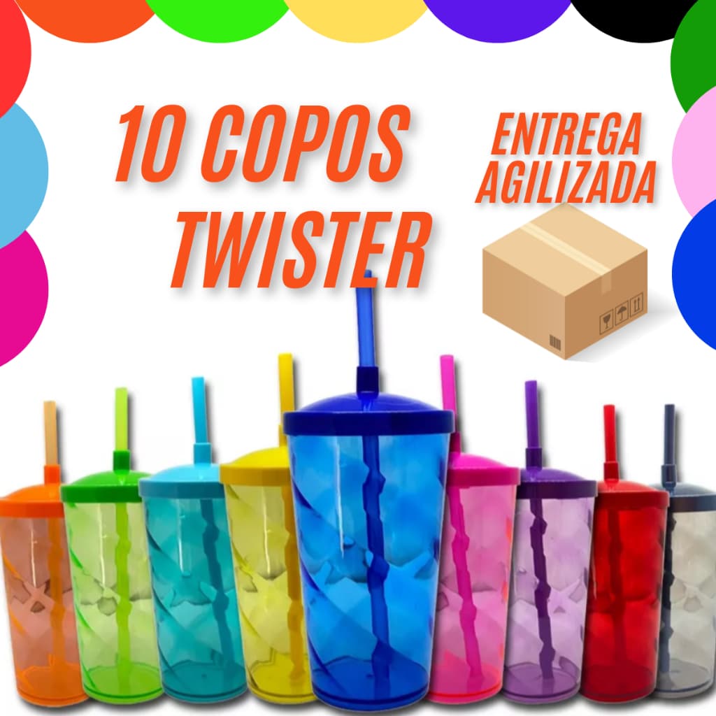 10 Copo Twister 500ml Com Tampa E Canudo Para FESTA -VARIAS CORES ENVIO IMEDIATO