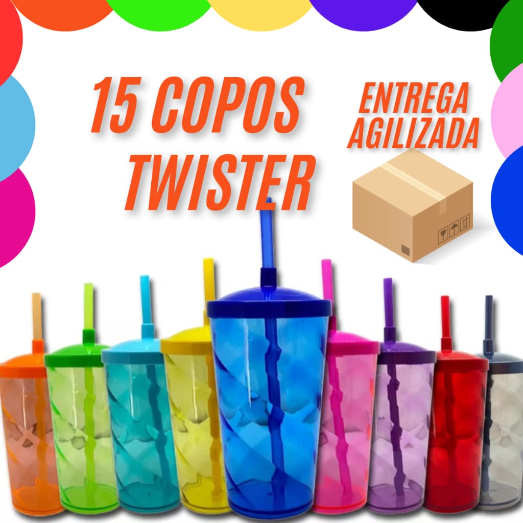15 Copos Twister 500ml Com Tampa E Canudo VARIAS CORES ENVIO IMEDIATO