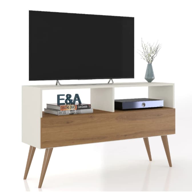 Rack Bancada E&A Tv 43 Pol. Sala Com Pes Retro 1 Gaveteiro Moderno - Cores
