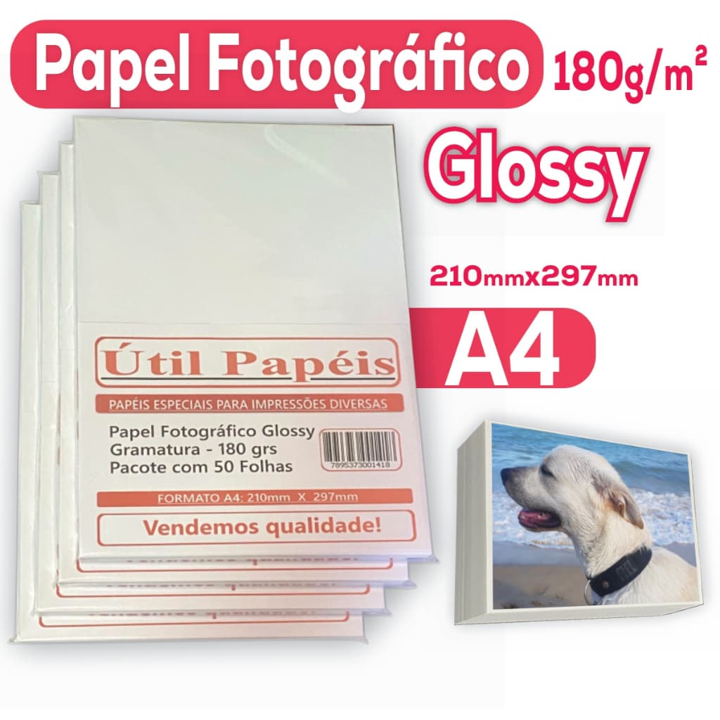 Papel Fotográfico Brilhante 180g A4 Pacote c/ 50 Folhas Glossy Premium - Jato de Tinta Cores e Laser