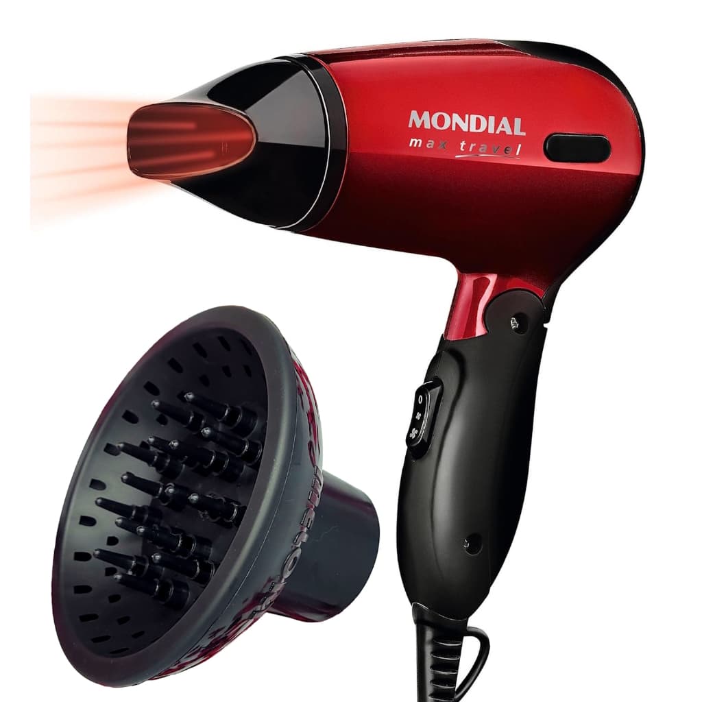 Secador de Cabelo Mondial 1200w Mini Dobrável Viagem Bivolt Com Difusor De Cachos