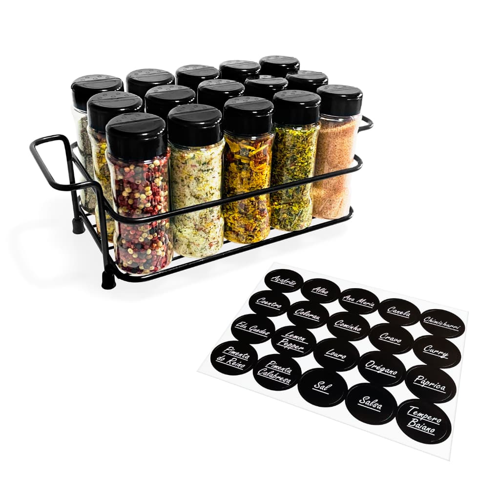 Porta Tempero Condimentos com 15 Potes 130ml de Ferro Tampa Dupla com Etiquetas